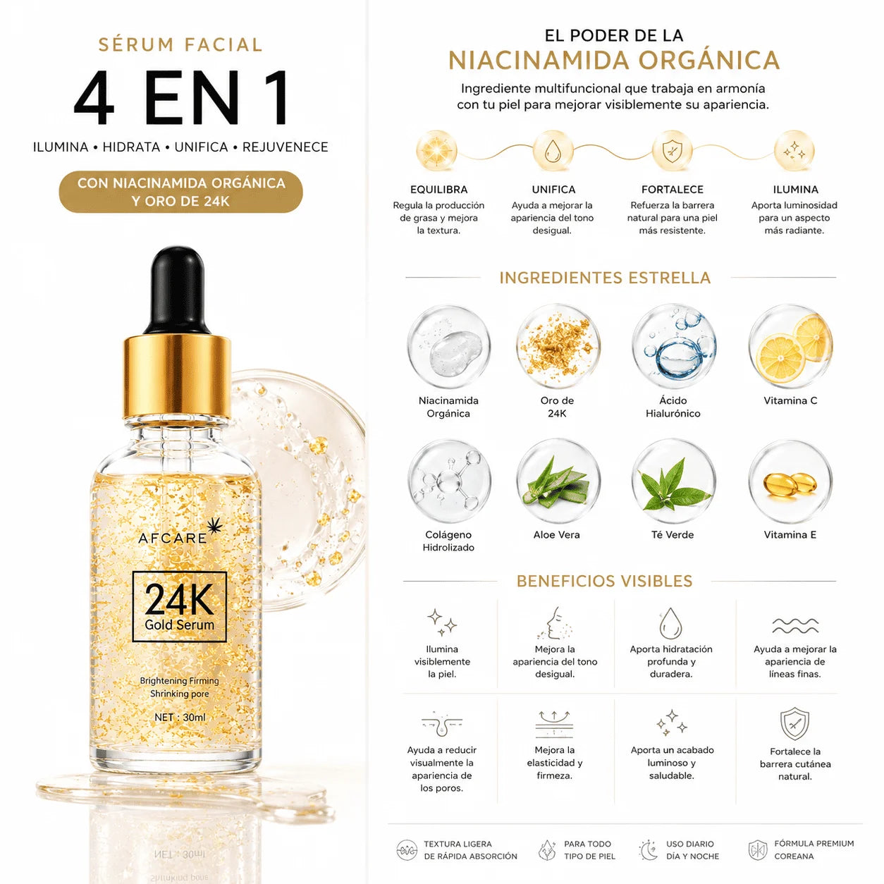 Sérum Facial Coreano AFCARE 4 en 1 con Niacinamida Orgánica y Oro de 24K – 30 ml